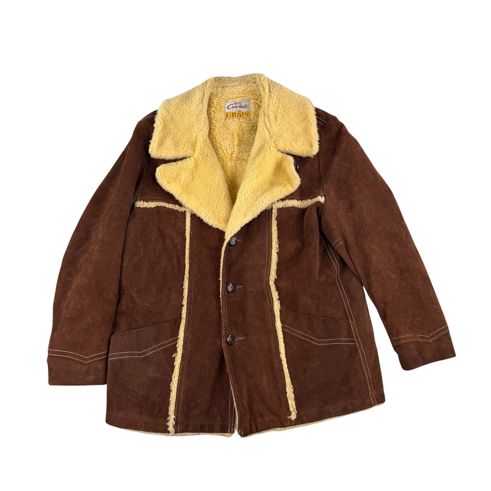 Grais Cowhide Shearling Jacket Mens 46 Brown Split Leather Sherpa Lined Vintage
